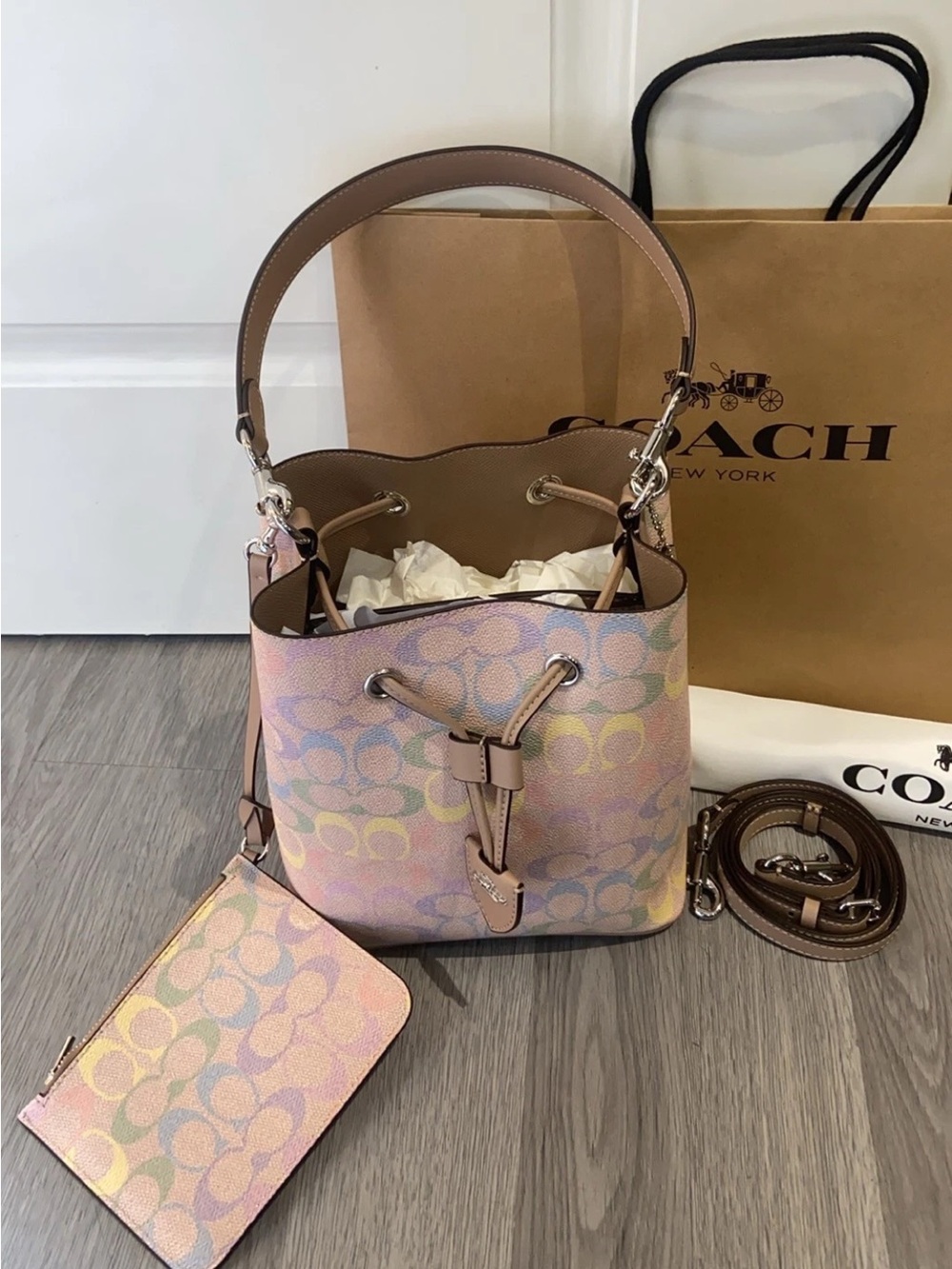 Coach Rowan Bucket Bag In Rainbow Signature Canva Silver/Sand Multi CDA92